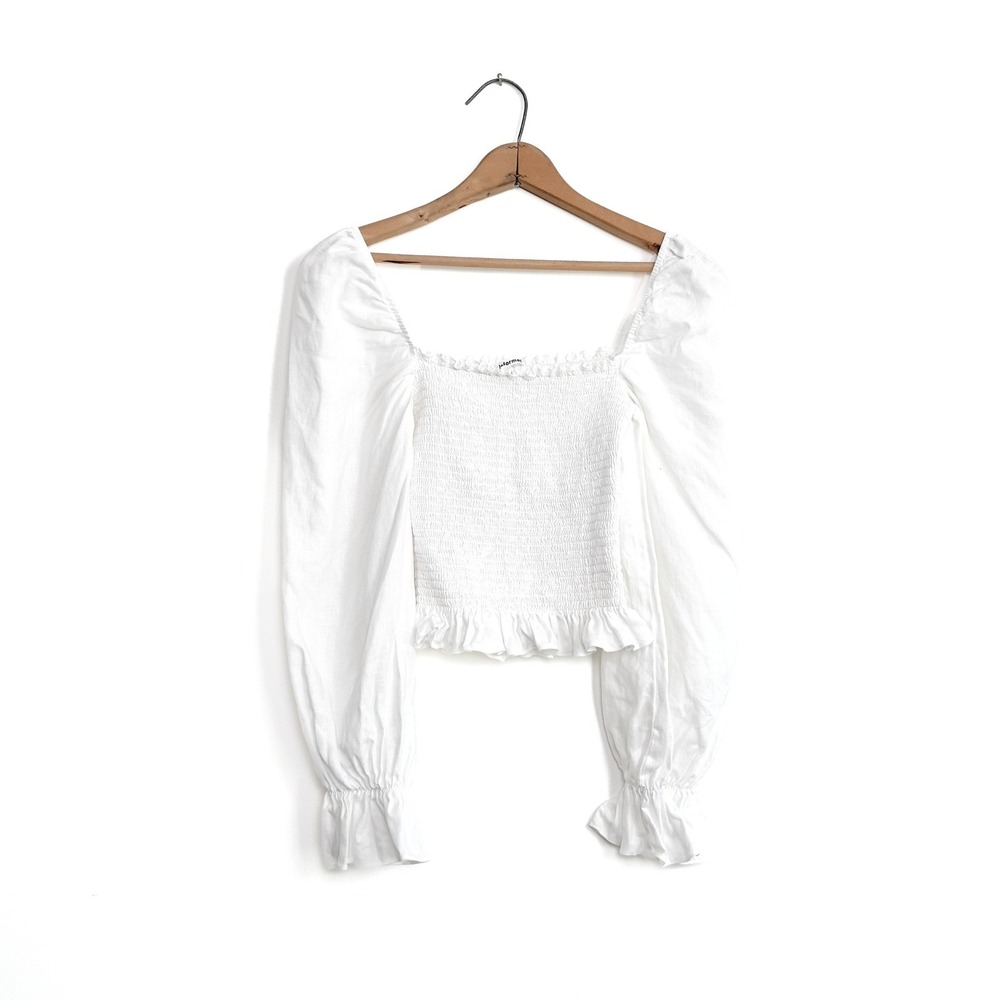 Reformation White Linen Smocked Puff‎ Sleeve Top | Square Neck | Size M